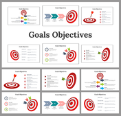 Group of slides with goals, objectives, and text areas with visual elements like targets and arrows to emphasize achievement.