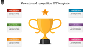 Template for a recognition slide with a gold trophy and star in the middle, surrounded by six text boxes in different colors.