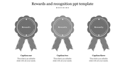 Slide showcasing three reward ribbons with labels and captions areas designed for a rewards and recognition presentation.