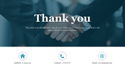 A thank you image with a professional handshake background, a bold title area and home, phone, and email icons at the bottom.