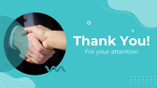 Thank you slide with a handshake image in a circular frame on teal background with abstract white designs and title text.