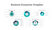 A pack of business ecosystem slides showcasing interconnected colorful circular diagrams with key elements and descriptions.