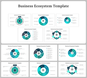 A pack of business ecosystem slides showcasing interconnected colorful circular diagrams with key elements and descriptions.