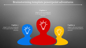 Three colorful silhouettes in blue, red, and yellow with lightbulb icons representing ideas on a gradient gray background.