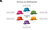 Six De Bono's thinking hats concept illustrated with vibrant hats, each with a unique color and caption areas.