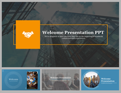 Welcome slide deck in simple with handshake icon, skyscraper background, and three supporting designs.