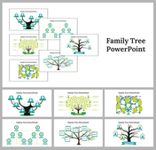 Set of family tree slides with various tree designs and layouts to display family relationships.