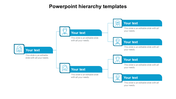 Hierarchy diagram slide with blue color text boxes connected to represent organizational structure with icons.