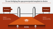 A red bridge over a brown valley with two gray pillars on either side, and white arrows rising from the base.