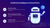 Artificial Intelligence slide featuring a robot graphic on the right and three key AI concepts with numbered circles.