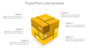 Yellow 3D cube with numbered segments from one to six and caption areas on each side, with label.