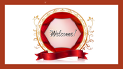 Red curtain framed in a golden circular design with welcome text in the center, bordered by ribbon at the bottom.