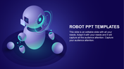 Futuristic robot slide illustration on a dark blue background, with text description.