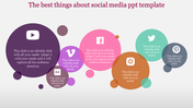 Social media slide with various colorful icons with placeholder text and colorful bubbles.