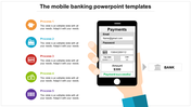 A hand holding a phone with a payment screen, and five colorful process icons and a bank graphic on the right.