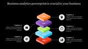 Business analytics PowerPoint slide with multi colored layers displaying percentage values and icons on a dark backdrop.