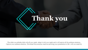 Professional thank you slide featuring a handshake background with modern text design and text area.