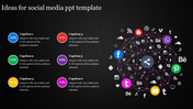 Ideas for social media PPT template featuring a colorful network of social media icons and percentage indicators.