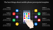 Illustration of a hand interacting with a mobile phone, surrounded by colorful app icons and placeholder text on both sides.