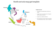 Southeast Asia map with six countries highlighted in different colors and  text on the right.