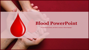 Blood themed PPT featuring a large red droplet with various slides about blood composition, functions, disorders, and images.