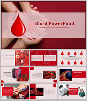 Blood themed PPT featuring a large red droplet with various slides about blood composition, functions, disorders, and images.