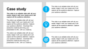 Case study template with large text block on the left and three smaller sections with icons in blue circles on the right.