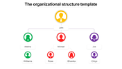 An organizational structure chart with color-coded team members connected by lines, highlighting different levels.