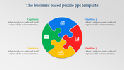 Circular four piece puzzle in blue, red, yellow, and green with business icons and captions surrounding each section.