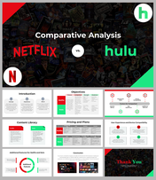 A comparative analysis slides comparing netflix and hulu, featuring colorful graphics, charts, and service details.