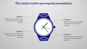 Creative slide featuring a watch illustration with four captions placed around it, describing key points.