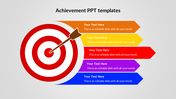 Slide with a bullseye target connected with arrows in orange, yellow, red, purple, and blue, each labeled with text area.