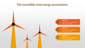 Wind energy PPT slide with three wind turbines and captions in red, orange, yellow boxes on the right.