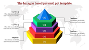 Colorful hexagon based pyramid diagram with five layers labeled from 01 to 05 and captions on a world map background.