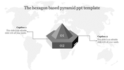 Gray hexagonal pyramid diagram with two numbered sections, placed against a light world map background.