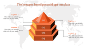 Four tier hexagonal pyramid in orange tones with captions connected by lines, placed on a world map background.