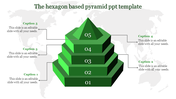 Hexagon-based pyramid infographic with five green layers, each connected to labeled captions, over a subtle world map design.