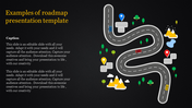 Winding roadmap with icons representing locations, trees, and mountains on a dark background with colorful markers.