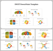 Collection of SWOT PowerPoint slides displaying various layouts for strengths, weaknesses, opportunities, and threats.