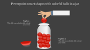 Illustration of a jar filled with red balls, a hand placing another one on top, with two captions on the dark background.