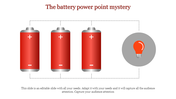 PowerPoint slide with three red batteries wired to illuminate a lightbulb, demonstrating battery functionality.