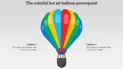 Colorful hot air balloon graphic in the center with two placeholder captions below placed in a grey background.