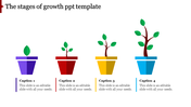 Four pots in purple, red, yellow, and blue, each showing a plant growth stages from seedling to sapling.