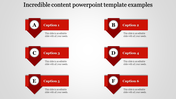 Content PowerPoint slide with six red boxes each with a letter, caption, and description.