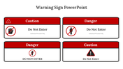 Slide displaying four safety signs with bold red headers and symbols for restricted entry and caution.