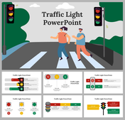 Collection of slides with traffic light imagery, featuring in red, yellow, and green with related information.