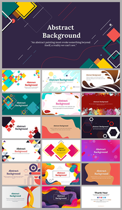 Set of abstract-themed slide deck backgrounds with geometric patterns, flowing shapes, and bright color schemes.