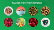 Eight circular images of healthy foods, including nuts, fruits, and juices, displayed on a green background.