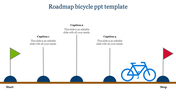 A slide featuring a bicycle roadmap showcasing a journey from start to stop with three caption sections.