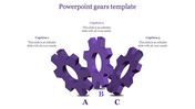 Three purple interlocking gear shapes in the center labeled with letters, and captions arranged above.